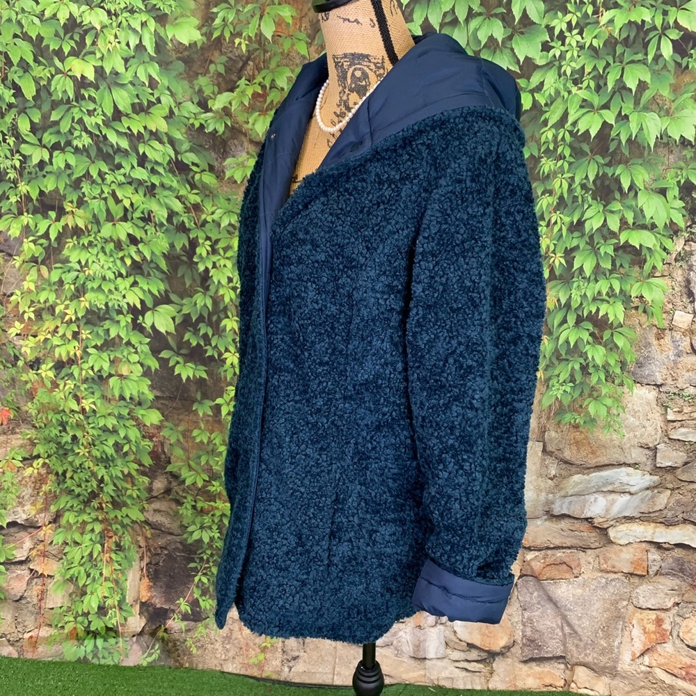 NWT HALOGEN Blue Hooded Sherpa Style Reversible Coat, S - Picture 13 of 16